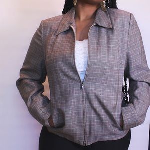 Brown Plaid Zip-Up Blazer Style Jacket